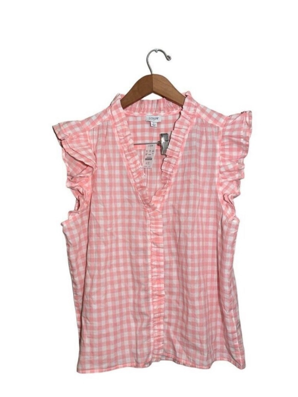 J. Crew Womens Sleeveless Plaid Ruffle Top Flutter Sleeves NWT Size Large Pink